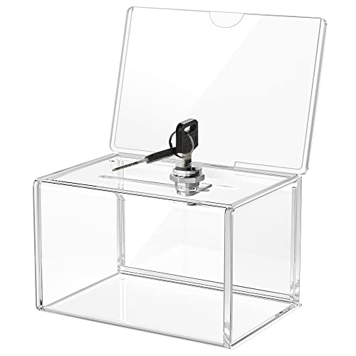 MaxGear Acrylic Donation Box with Lock and Sign Holder, Clear Ballot Box Donation Boxes for Fundraising (6.25" x 4.5" x 4") with Lock - Clear