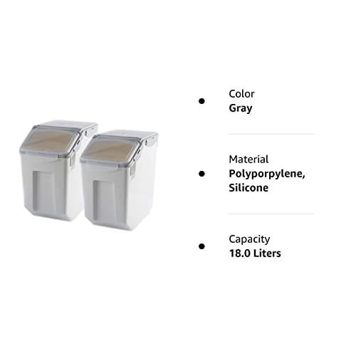 Grain Rice Storage Bin Food Containers Set Leak Proof Locking Lid, Large Storage Boxes Plastic Cereal Pet Food 15kg(18L), Grey,2packs