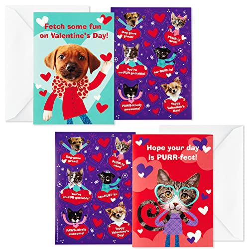 Hallmark Kids Valentines Day Cards and Stickers Assortment, Puppies and Kittens (24 Cards with Envelopes)