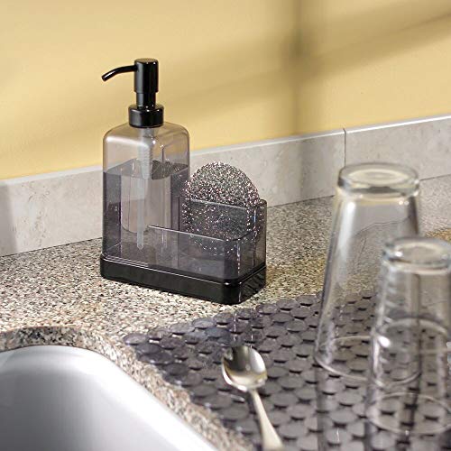 mDesign Plastic Kitchen Sink Countertop Hand Soap Dispenser Pump Bottle Caddy Organizer Holder with Storage for Bathroom - Holds Dish Sponge and Brushes - Omni Collection - Graphite/Matte Black