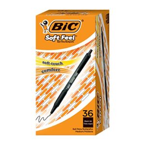 bic soft feel black retractable ballpoint pens, medium point (1.0mm), 36-count pack, black pens with soft-touch comfort grip