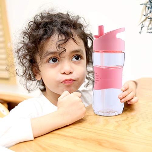 Kids Water Bottle with Straw 12 OZ BPA-Free Tritan Bulk Bottle Pink Little Girls Clear Drinking Bottle for School
