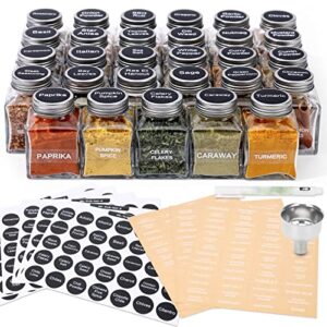 unique design spice jars with 372 labels, 29-pack 4.5 oz personalized cubic clear glass spice jars with shakers, lids, empty square reusable kitchen spice storage containers