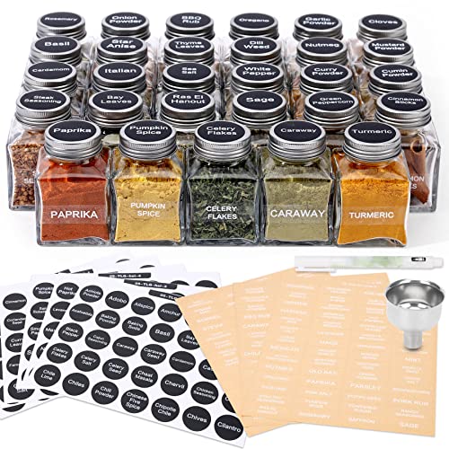 Unique Design Spice Jars with 372 Labels, 29-Pack 4.5 oz Personalized Cubic Clear Glass Spice Jars with Shakers, Lids, Empty Square Reusable Kitchen Spice Storage Containers