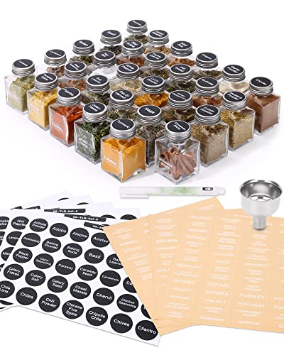 Unique Design Spice Jars with 372 Labels, 29-Pack 4.5 oz Personalized Cubic Clear Glass Spice Jars with Shakers, Lids, Empty Square Reusable Kitchen Spice Storage Containers