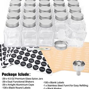 Unique Design Spice Jars with 372 Labels, 29-Pack 4.5 oz Personalized Cubic Clear Glass Spice Jars with Shakers, Lids, Empty Square Reusable Kitchen Spice Storage Containers