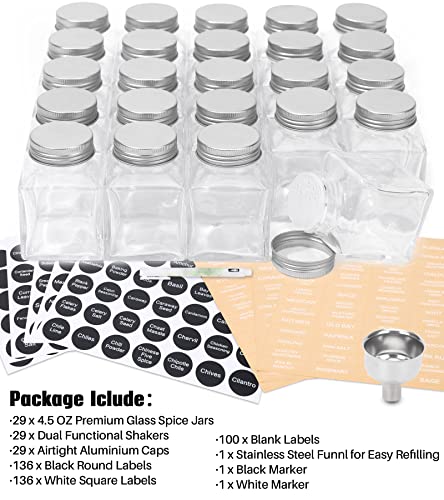 Unique Design Spice Jars with 372 Labels, 29-Pack 4.5 oz Personalized Cubic Clear Glass Spice Jars with Shakers, Lids, Empty Square Reusable Kitchen Spice Storage Containers