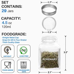 Unique Design Spice Jars with 372 Labels, 29-Pack 4.5 oz Personalized Cubic Clear Glass Spice Jars with Shakers, Lids, Empty Square Reusable Kitchen Spice Storage Containers