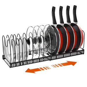housolution pot and pan organizer rack for cabinet, expandable pot lid organizer holder with 14 adjustable dividers, pan organization and storage lid organizer rack pots and pans for cabinet, black