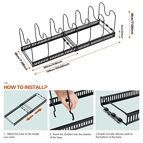 Housolution Pot and Pan Organizer Rack for Cabinet, Expandable Pot Lid Organizer Holder with 14 Adjustable Dividers, Pan Organization and Storage Lid Organizer Rack Pots and Pans for Cabinet, Black