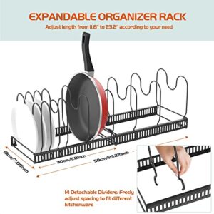 Housolution Pot and Pan Organizer Rack for Cabinet, Expandable Pot Lid Organizer Holder with 14 Adjustable Dividers, Pan Organization and Storage Lid Organizer Rack Pots and Pans for Cabinet, Black