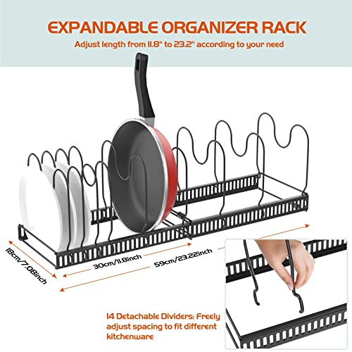 Housolution Pot and Pan Organizer Rack for Cabinet, Expandable Pot Lid Organizer Holder with 14 Adjustable Dividers, Pan Organization and Storage Lid Organizer Rack Pots and Pans for Cabinet, Black