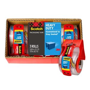 scotch heavy duty packaging tape, 1.88″ x 22.2 yd, designed for packing, shipping and mailing, strong seal on all box types, 1.5″ core, clear, 3 rolls with dispenser (142-3)