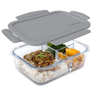 bentgo® glass lunch box – leak-proof bento-style food container with airtight lid and divided 3-compartment design – 5 cup capacity for meal prepping, and portion-controlled meals for adults & teens (gray)