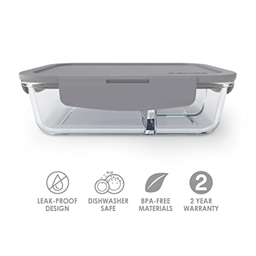 Bentgo® Glass Lunch Box - Leak-Proof Bento-Style Food Container with Airtight Lid and Divided 3-Compartment Design - 5 Cup Capacity for Meal Prepping, and Portion-Controlled Meals for Adults & Teens (Gray)