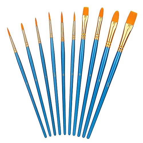 Amazon Basics Paint Brush Set, Nylon Paint Brushes for Acrylic, Oil, Watercolor, 10 Brush Sizes