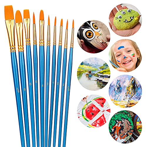 Amazon Basics Paint Brush Set, Nylon Paint Brushes for Acrylic, Oil, Watercolor, 10 Brush Sizes