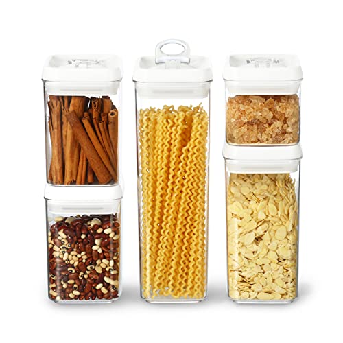 Felli Flip Tite Food Storage Container 5PC Variety Set White Lids Airtight Seal Pantry Fridge Organizer Kitchen Counter Organization Canister Spice Snack Pasta Candy Coffee Bean Valentines Day Gifts for Women