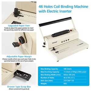 TIANSE Coil Binding Machine, Electric Coil Inserter, Manual Round Hole Punch, 15 Sheets Punch Capacity, Perfect for Letter Size / A4 / A5, Comes with 100pcs 5/16'' Plastic Coil Binding Spines & Plier