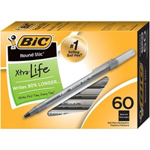 BIC Round Stic Xtra Life Ballpoint Pen, Medium Point (1.0mm), Black, 60-Count