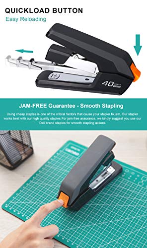 Deli Effortless Desktop Stapler, 40-50 Sheet Capacity, One Finger Touch Stapling, Easy to Load Ergonomic Heavy Duty Stapler, Includes 1500 Staples and Staple Remover