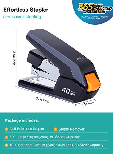 Deli Effortless Desktop Stapler, 40-50 Sheet Capacity, One Finger Touch Stapling, Easy to Load Ergonomic Heavy Duty Stapler, Includes 1500 Staples and Staple Remover