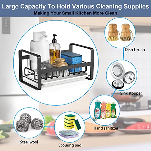 Kitchen Sink Caddy Sponge Holder, 304 Stainless Steel Sink Tray Drainer Rack, Soap Brush Dispenser, Countertop or Adhesive Sponge Holder Organizer for Sponge Dish Brush Soap with Removable Drain Tray