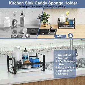 Kitchen Sink Caddy Sponge Holder, 304 Stainless Steel Sink Tray Drainer Rack, Soap Brush Dispenser, Countertop or Adhesive Sponge Holder Organizer for Sponge Dish Brush Soap with Removable Drain Tray