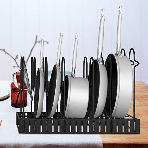 Pan Pot Organizer Rack, MASSUGAR Pan Organizer Adjustable Pot Rack with Hook, Black Metal Kitchen Cabinet Pantry Pot Lid Holder, 3 DIY Methods (Black)