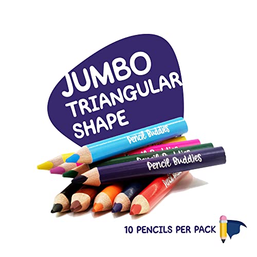 Short Fat Colored Pencils for Kids - 10 Triangle Jumbo Color Pencils for Ages 2-6, Preschool, Toddlers & Beginners, Color Pencils for Kids - Pre Sharpened Toddler Coloring Pencils Set With Sharpener