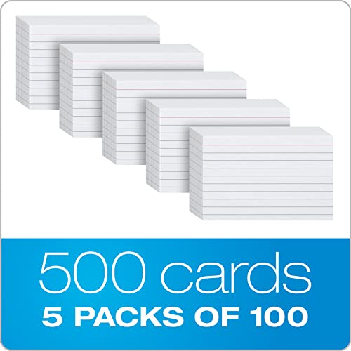 Oxford Index Cards, 500 Pack, 3x5 Index Cards, Ruled on Front, Blank on Back, White, 5 Packs of 100 Shrink Wrapped Cards (40176)