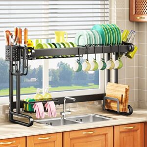 over the sink dish drying rack, 2 tier adjustable length (18.9″ to 33.5″) sturdy kitchen counter dish rack organizer, black
