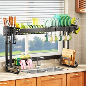 Over The Sink Dish Drying Rack, 2 Tier Adjustable Length (18.9" to 33.5") Sturdy Kitchen Counter Dish Rack Organizer, Black