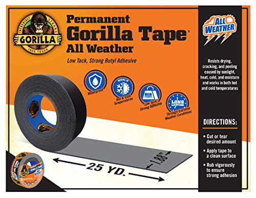 Gorilla All Weather Outdoor Waterproof Duct Tape, UV and Temperature Resistant, 1.88" x 25 yd, Black, (Pack of 1)