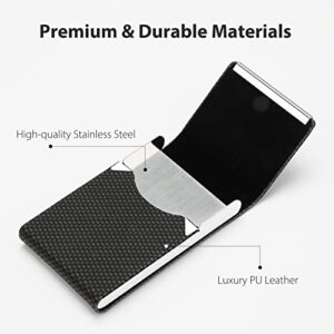 MaxGear Business Card Holder, PU Leather Business Card Case Pocket Card Holders for Men or Women, Metal Slim Name Card Holder RFID Blocking Business Card Carrier with Magnetic Closure, Black Carbon