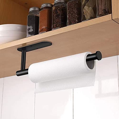 FGSAEOR Paper Towel Holder, Adhesive or Wall Mount Stand Rack Use for Paper Towel, Towels, Plastic Wrap, Stainless Steel Organization Shelf for Kitchen, Cabinet, Bathroom, Garage, Pantry (Black)