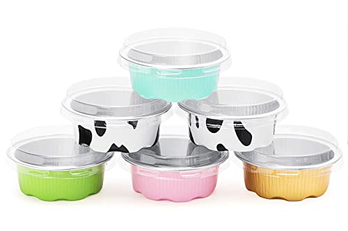 AOSYCO Dessert Cups With Lids, Tiny Condiment Storage, Mini Snack Containers, Salad Dressing Container To Go, 1.6 Oz 100pcs - 5 Colors Mixed Aluminum Foil Pans with Lids