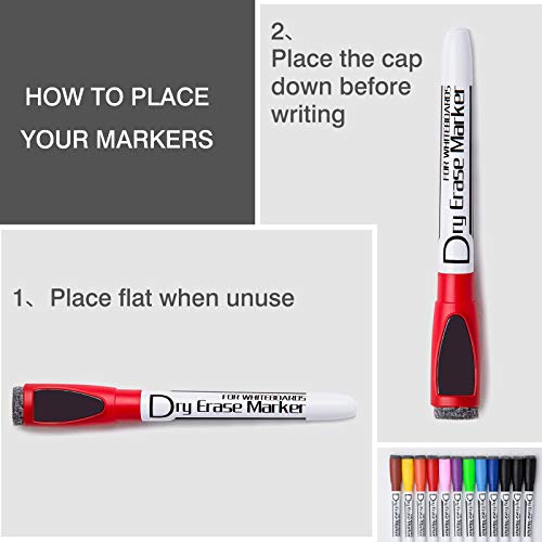 Volcanics Magnetic Dry Wipe Pens Dry Erase Markers With Eraser Cap Low Odor Fine Tip Whiteboard Pens Pack of 12,10 Colors