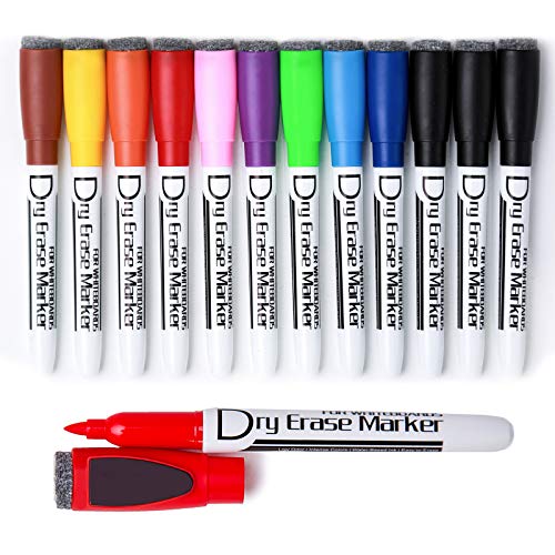 Volcanics Magnetic Dry Wipe Pens Dry Erase Markers With Eraser Cap Low Odor Fine Tip Whiteboard Pens Pack of 12,10 Colors