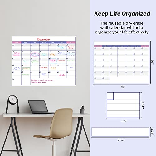 Large Dry Erase Calendar for Wall - Undated 1 Month Wall Calendar, 40" x 30", Erasable & Reusable Laminated White Board Calendar with 8 Round Stickers, Great Layout Wall Calendar Dry Erase for Home, Office and School