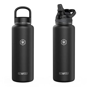 icewater-40 oz stainless steel water bottle with soft auto straw & wide mouth lids, double walled vacuum, mouthpiece dustproof, lock feature, pop-up tops, one-handed operation (40 oz, black)