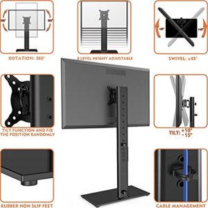 Single Monitor Stand Freestanding 27-43 Inch Monitor Arm Curved Screen Monitor Mount Tempered Glass Base Adjustable Motion Tilt -15° to 10° Swivel ±45° Rotation 360° Weight Capacity 77lbs HT05B-003