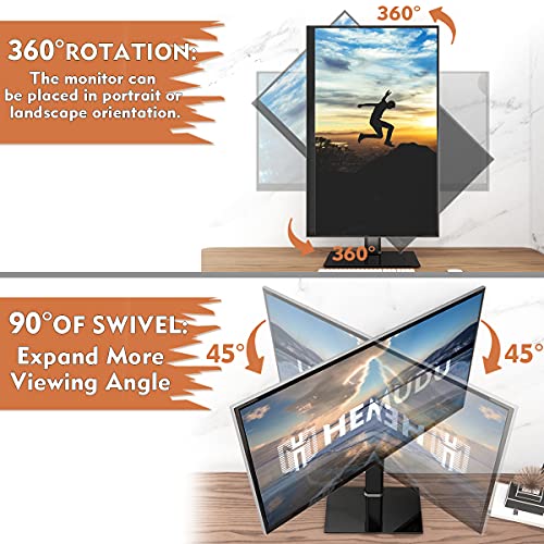 Single Monitor Stand Freestanding 27-43 Inch Monitor Arm Curved Screen Monitor Mount Tempered Glass Base Adjustable Motion Tilt -15° to 10° Swivel ±45° Rotation 360° Weight Capacity 77lbs HT05B-003