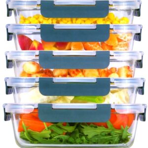 brieftons glass meal prep containers: 5 pack, 30 oz with airtight, leakproof snap locking lids, perfect for food storage, lunch & portion control, bpa-free, microwave, oven, freezer & dishwasher safe