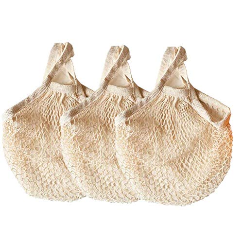 AHYUAN Ecology Reusable Cotton Mesh Grocery Bags Cotton String Bags Net Shopping Bags Mesh Bags Pack of 3 (Beige)