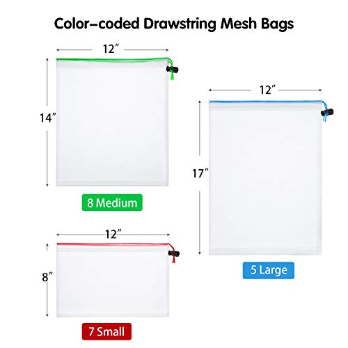 20 Pieces Mesh Zipper Pouch Toy Storage Organization Mesh Bags Washable Reusable Produce Bags 5 Large 8 Medium 7 Small for School Office, Puzzles Games Organizing Storage (Blue, Green, Red)