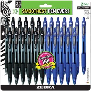 zebra , bulk pack of 24 ink pens, z-grip retractable ballpoint pens medium point 1.0 mm, 12 black & 12 blue pens combo pack