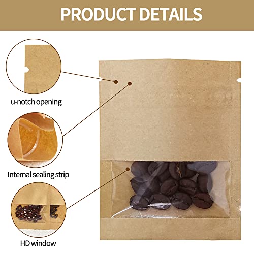 BEISHIDA 100 Pack 3.5 Inch Small Resealable Bags Small Kraft Paper Bags with Clear Window Airtight Brown Kraft Paper Bags Food Storage Bags Seed Bags Simple Bags Heat Sealable Bags for Packaging