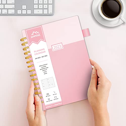 2023 Weekly & Monthly Planner, Jan. 2023 - Dec. 2023, AIMPEAK Weekly Planner 2023 with Tabs, Calendar Planner with Inner Pocket, Pen Loop, Flexible Cover，Spiral Binding, Pink(7"x10")