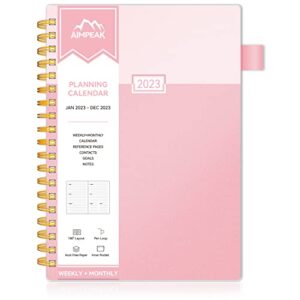 2023 weekly & monthly planner, jan. 2023 – dec. 2023, aimpeak weekly planner 2023 with tabs, calendar planner with inner pocket, pen loop, flexible cover，spiral binding, pink(7″x10″)